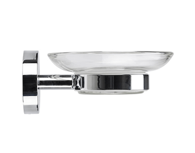 Wall-mounted soap dish with a clear round glass tray and chrome holder featuring a circular wall mount.