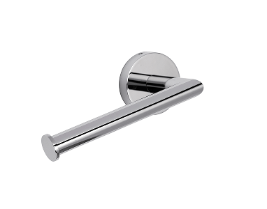 Chrome toilet roll holder with simple, modern cylindrical design and round wall mount.