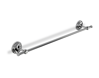 Chrome towel rail with decorative round wall mounts, sleek straight bar design for hanging towels.