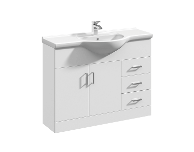 White freestanding vanity unit with integrated basin, featuring two cupboard doors on the left and three drawers on the right, all with silver handles.