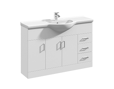 White freestanding vanity unit with integrated basin, featuring two cupboard doors in the centre and three drawers on the right, all with silver handles.