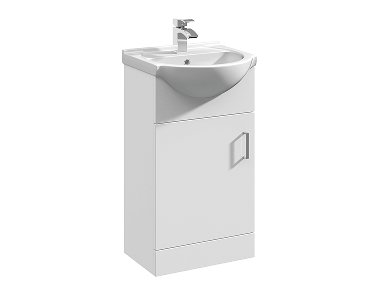 White freestanding vanity unit with integrated basin, featuring one cupboard with a silver handle.