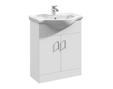 White freestanding vanity unit with integrated basin, featuring two cupboard doors with silver handles.