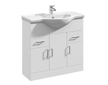 White freestanding vanity unit with integrated basin, featuring two cupboard doors and two drawers, all with silver handles.