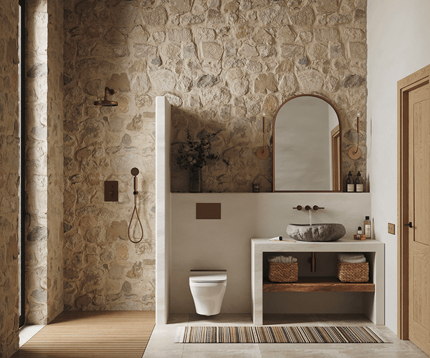 Stone tiling in a walk-in shower layout