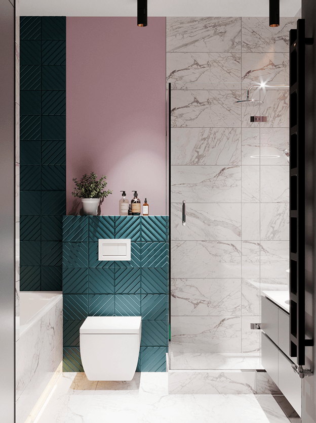 White and bright small bathroom walk-in shower layout