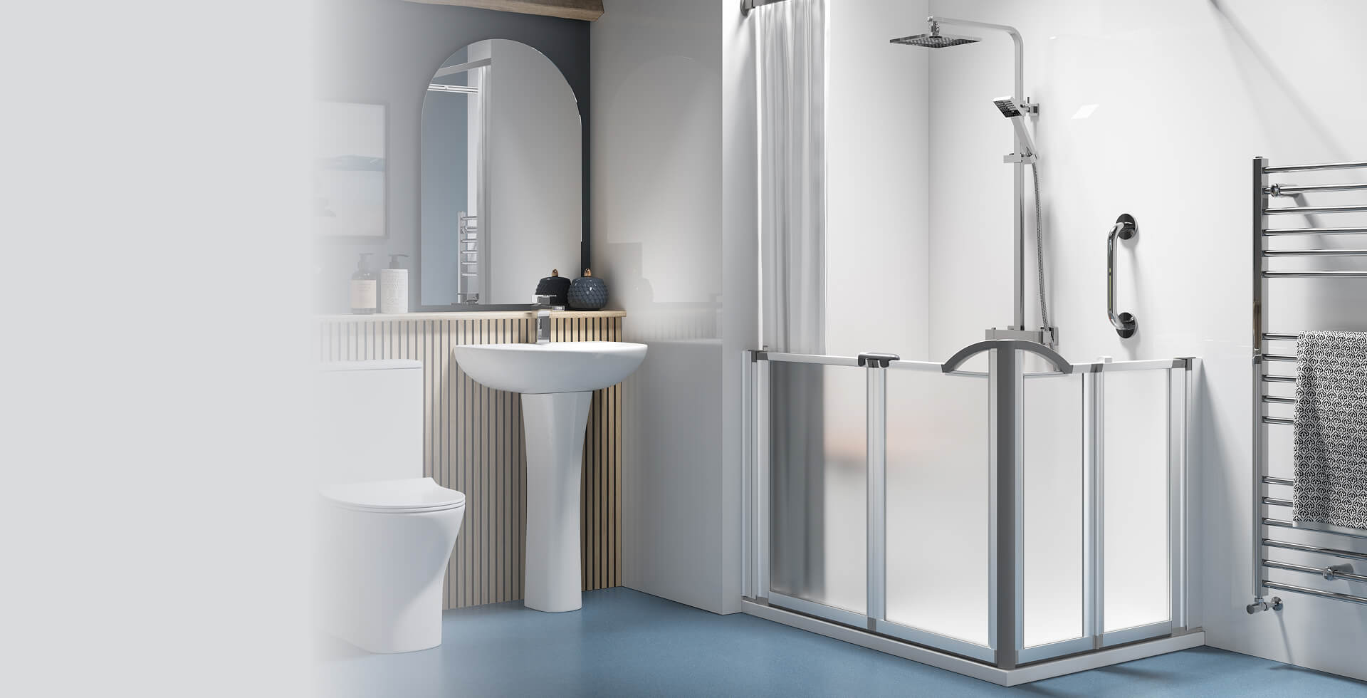 Contemporary bathroom with a corner shower enclosure featuring half-height bifold glass doors, a chrome grab bar, and rainfall showerhead, adjacent to a pedestal sink, toilet, and heated towel rail.