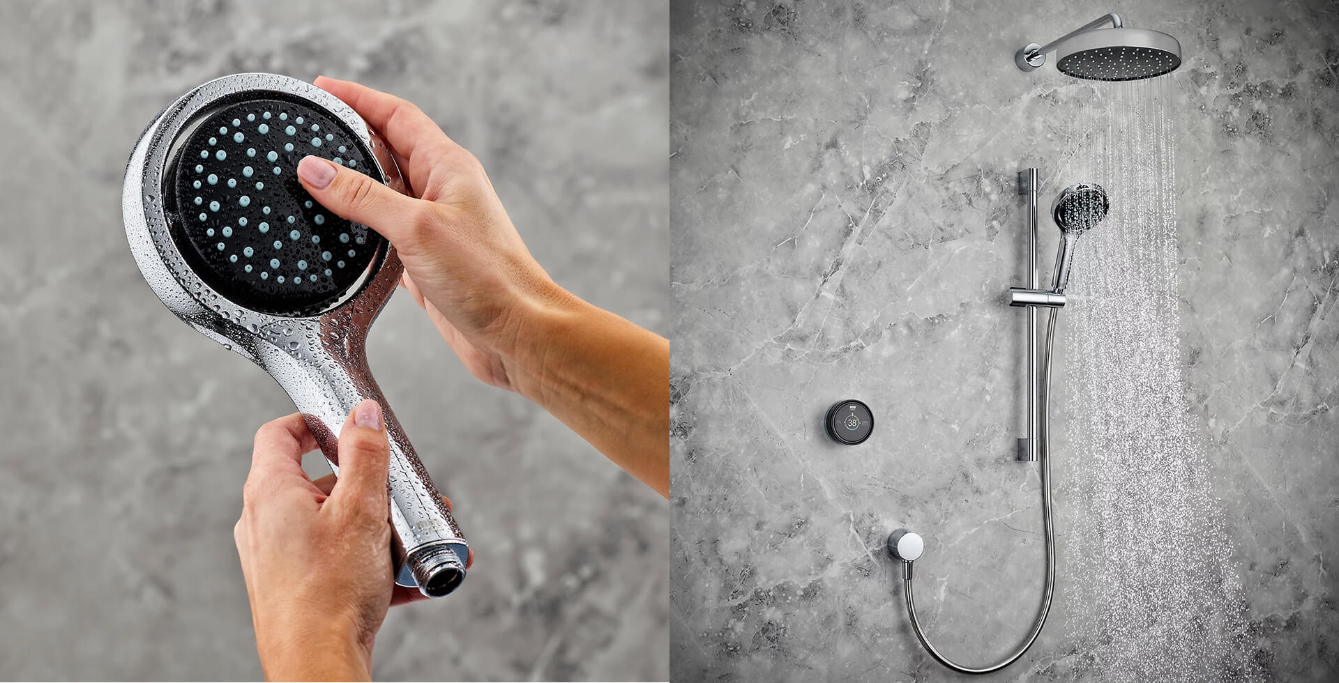 Left side: Close-up of hands adjusting a chrome handheld shower head with black and blue nozzles, wet from use, set against a grey marble background. Right side: Modern shower setup with a chrome rainfall shower head and handheld shower mounted on a grey marble wall, water flowing from the overhead shower. The setup includes a digital temperature control display and sleek fittings, indicating a Mira brand shower system.