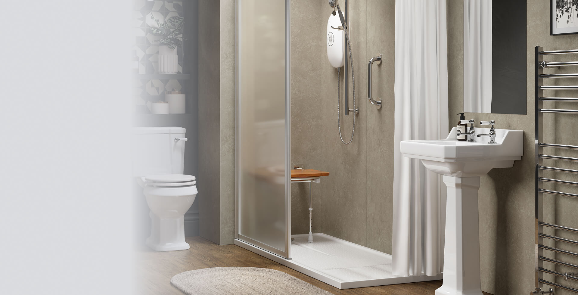 Bathroom with a walk-in shower featuring a single glass panel, shower curtain, wall-mounted wooden seat, and chrome grab bar, beside a pedestal sink and toilet.