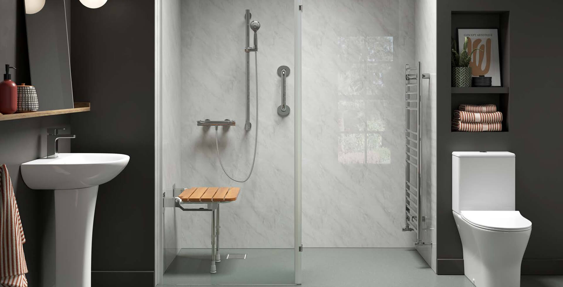 Modern accessible wet room with wall-mounted shower, fold-down wooden seat, grab bar, pedestal sink, and toilet, featuring dark walls and open shelving.