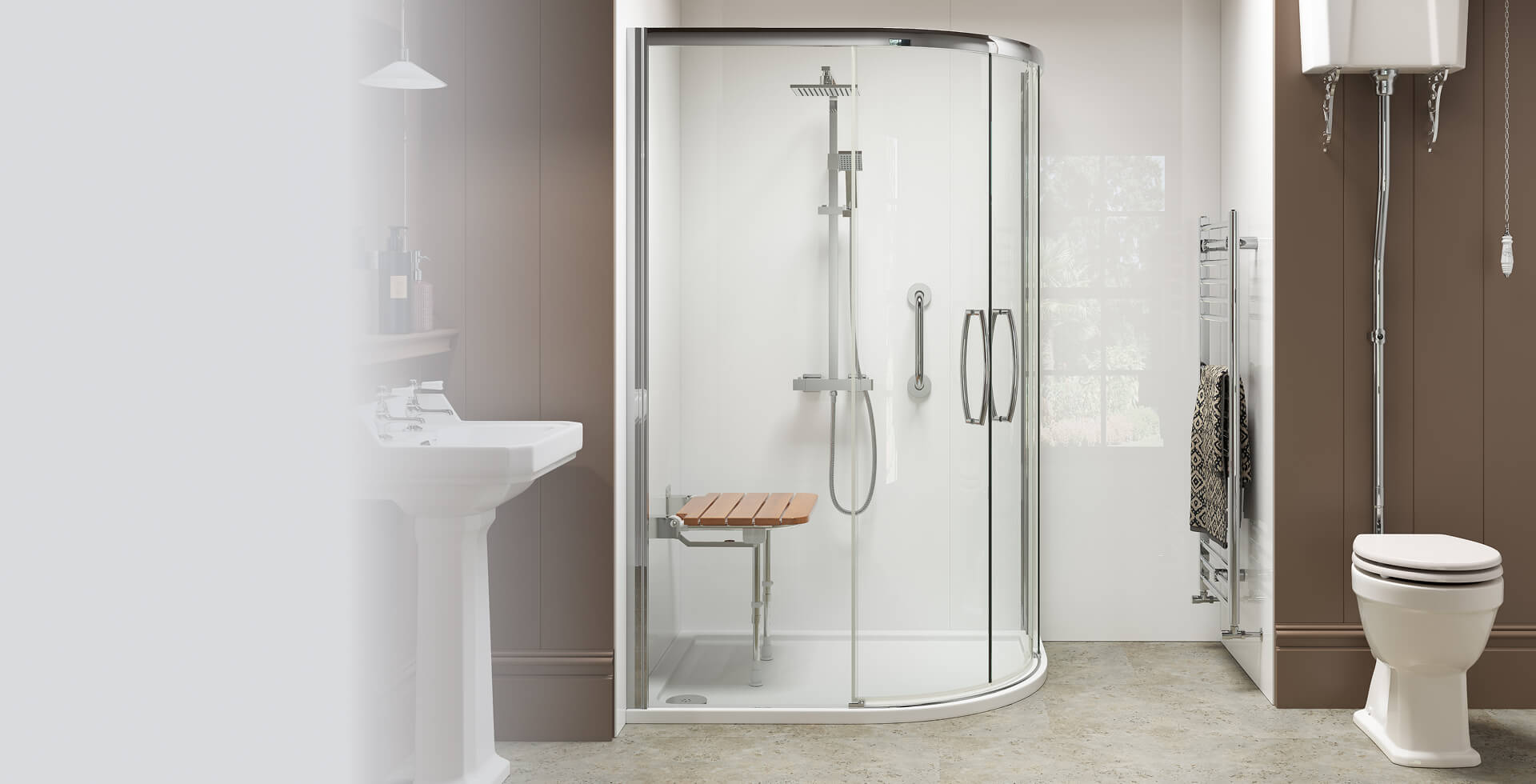 Stylish bathroom with an offset quadrant glass shower enclosure, chrome fittings, rainfall showerhead, and wooden seat, accompanied by a pedestal sink and high-level toilet cistern.