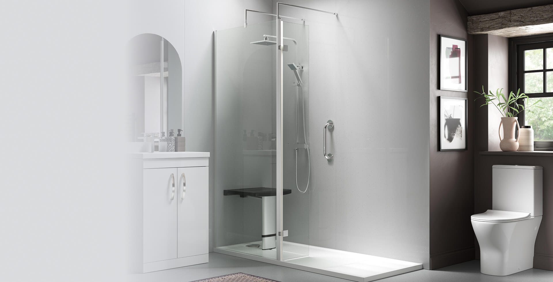 Contemporary walk-in shower with a single glass panel, rainfall showerhead, chrome grab bar, and black folding seat, next to a white vanity unit and toilet by a window.