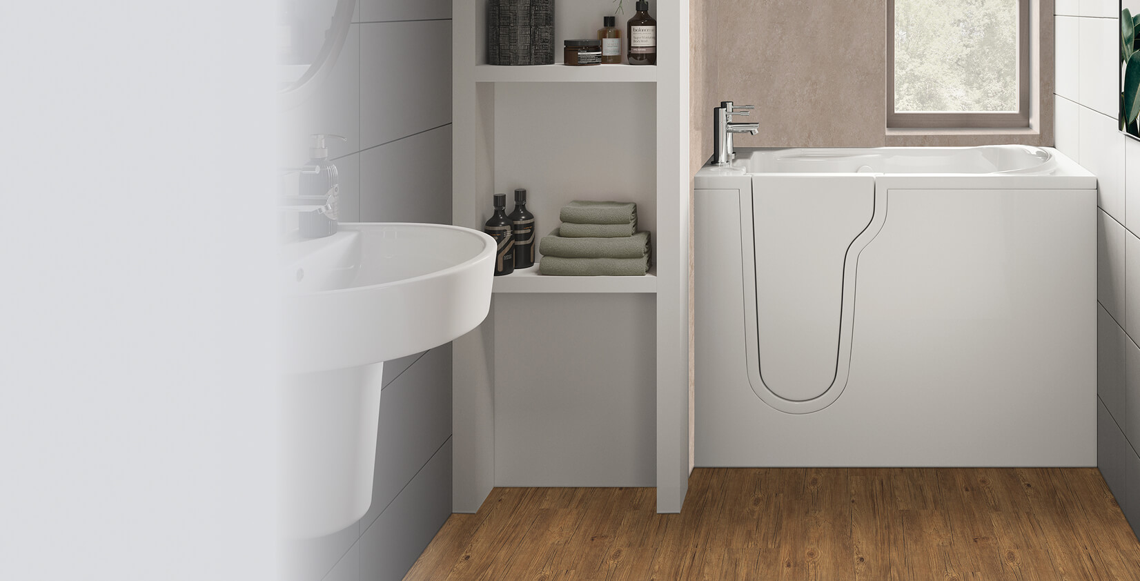 The Derwent bath shown in a bright, modern bathroom. Its sleek shape, inward-opening door and compact profile make it ideal for smaller spaces without compromising on comfort.