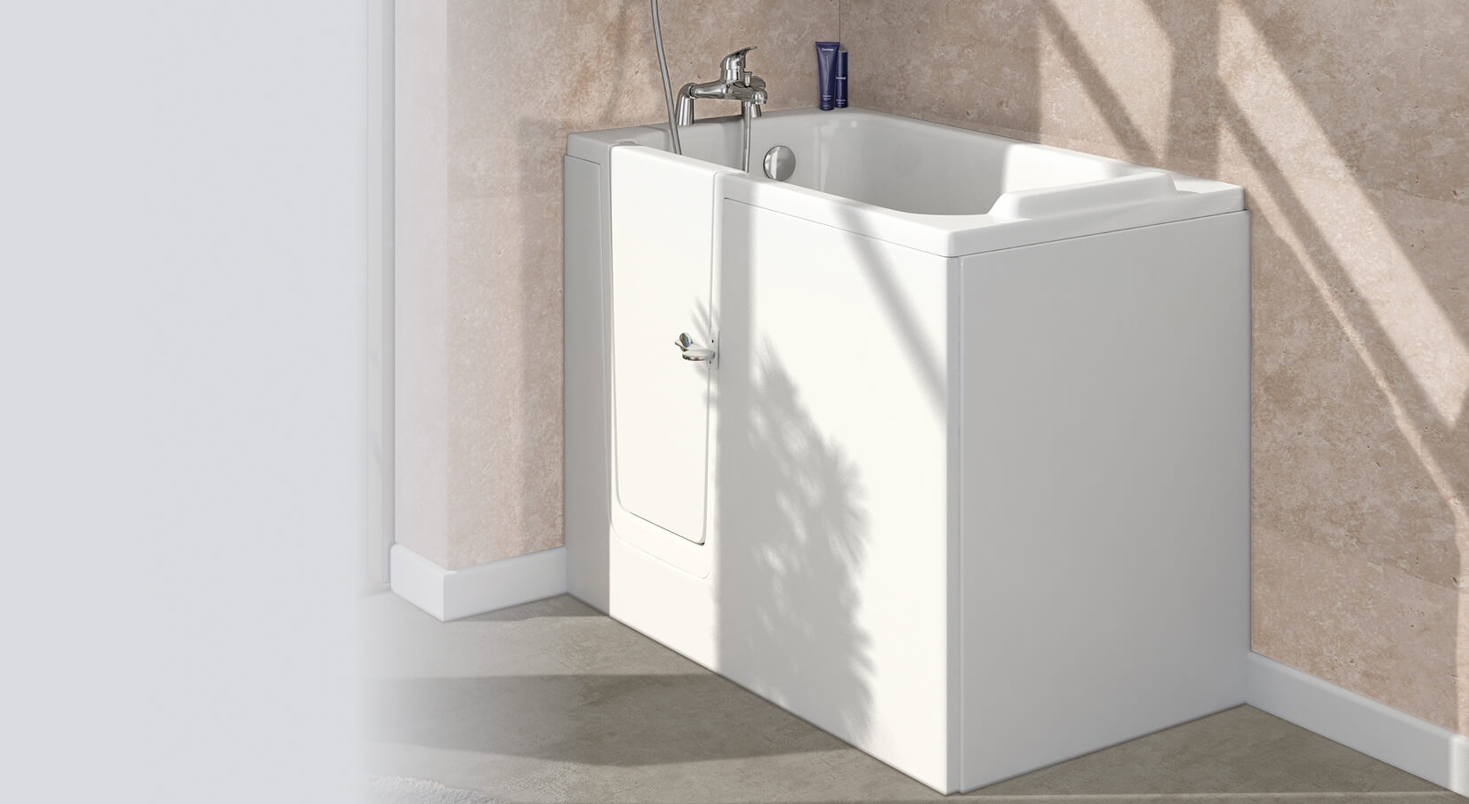 Image of the Hampton walk-in bath, featuring a white design with an inward-opening door. The bath is positioned against a cream textured wall, with sunlight casting soft shadows on its surface. The interior includes a built-in seat and modern chrome taps with a handheld shower attachment.