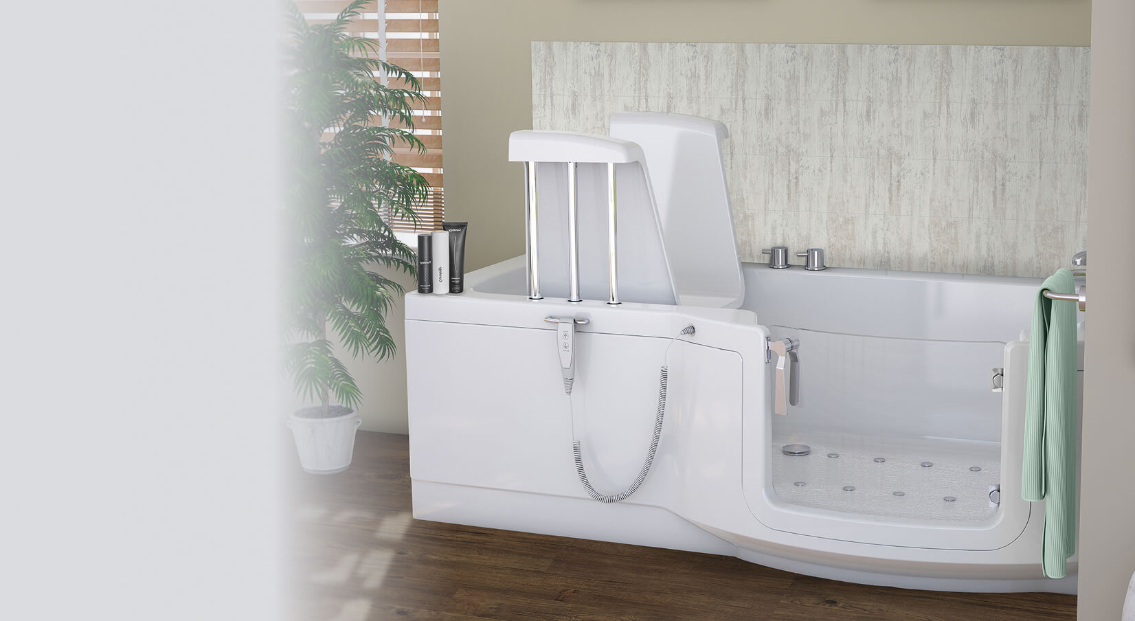 This is the Rushmere walk-in bath, showcasing its ergonomic seat with vertical support bars, easy-access door with handle, and a built-in shower attachment. The bath is designed for comfort and safety, featuring textured flooring and a wide door for easy entry and exit. The remote control hanging on the side provides user-friendly operation of bath functions, ensuring accessibility for all users.