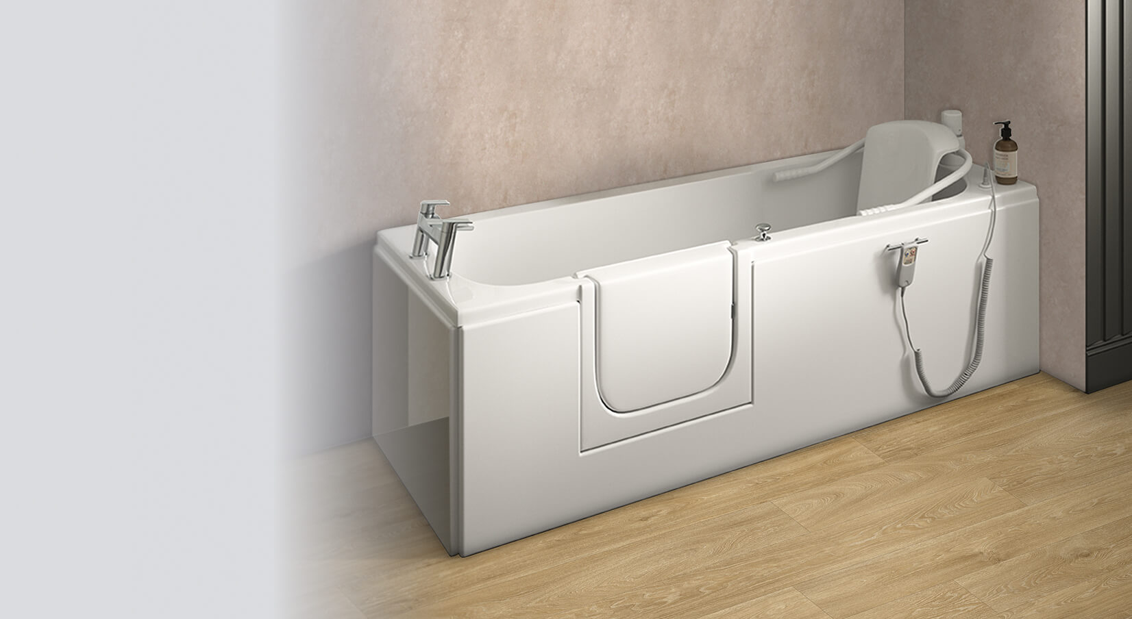 Modern white walk-in bathtub with built-in seat, side door, and handheld showerhead in a bathroom with light wood flooring.