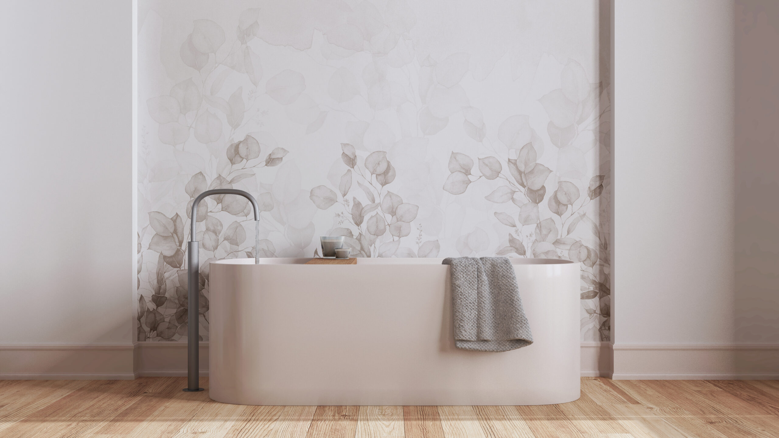 Minimalist nordic wooden bathroom close up in white and beige tones.