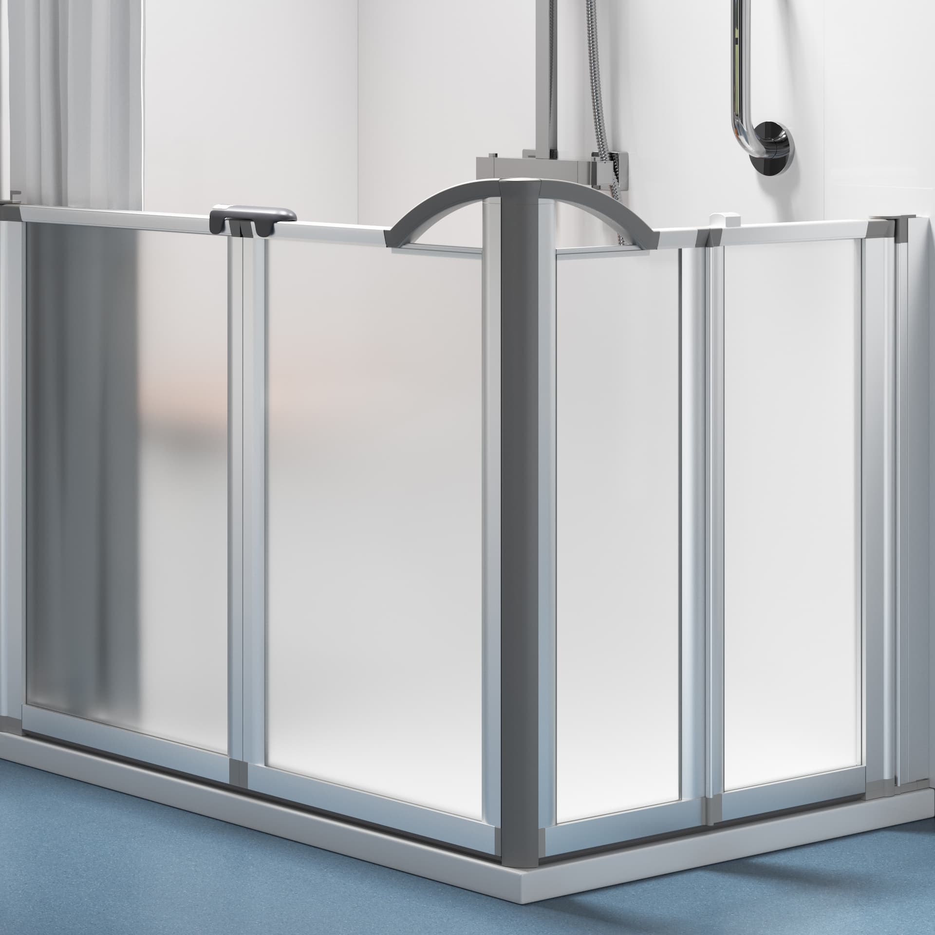 Frosted glass bifold shower enclosure with aluminum frame for easy access