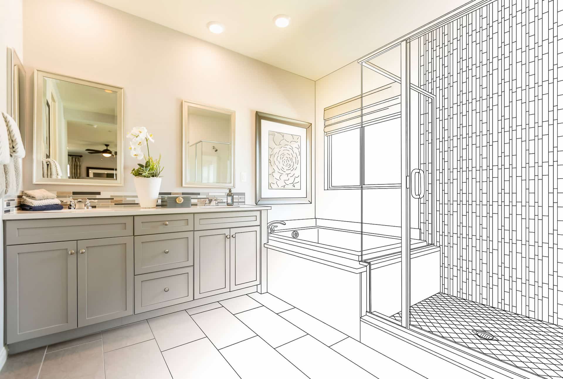 A modern bathroom with gray cabinets and a large mirror is shown; the bathtub and shower area appear as a black-and-white architectural sketch, contrasting with the finished part of the room.