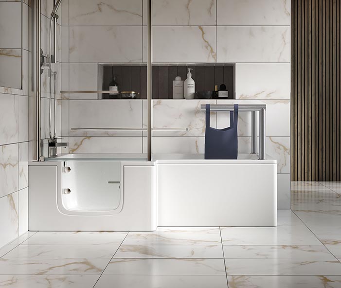 full length walk in bath with door and shower screen